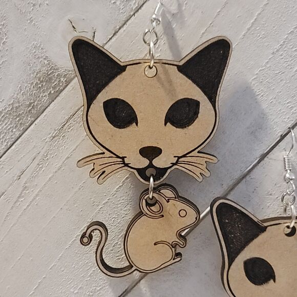 Handmade Cat & Mouse Earrings - Laser Cut Wood Dangle Jewelry Gift 4 Pet Lovers - Picture 8 of 8